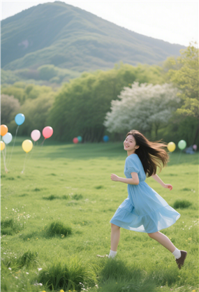 户外绿色草地自由奔跑的少女图片